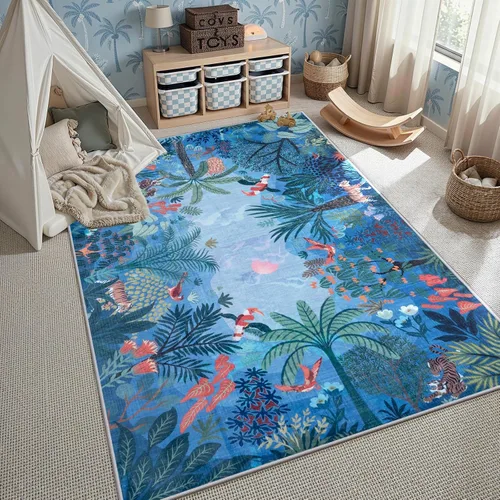 LIVEBOX Alfombra lavable con estampado de animales de la jungla de 5 x 7 pies en azul para sala de estar, alfombras antideslizantes para dormitorio