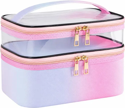 Miniatura 13 de Bolsa de cosméticos de doble capa, bolsa de maquillaje, bolsa de aseo grande, bolsa organizadora de maquillaje de viaje para niñas y mujeres, Negro