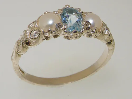Miniatura 3 de Anillo de plata de ley 925 auténtica aguamarina y perla cultivada para mujer
