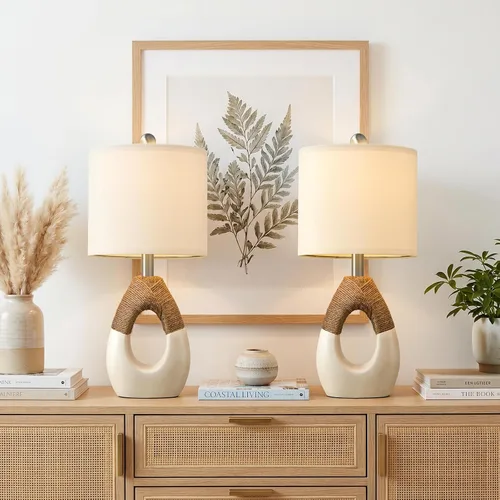 Miniatura 5 de OYEARS Lámparas de mesa bohemias de 19" para dormitorio, sala de estar, adecuadas para espacios pequeños, lámpara de ratán de granja, diseño de Beige