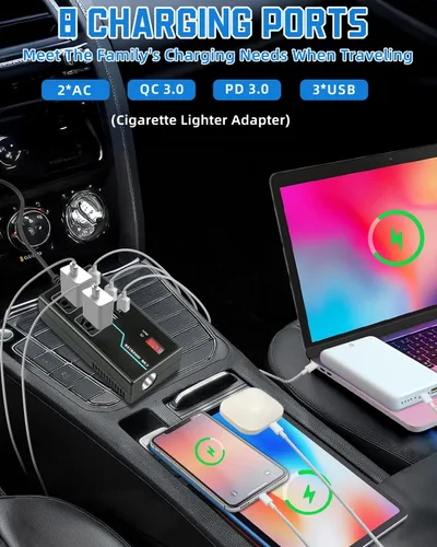 Miniatura 3 de Inversor de corriente de 200 W, 8 en 1 CC 12 V a 110 V CA, adaptador de enchufe de automóvil, convertidor de salidas con PD3.0 de 30 W y 4 puertos