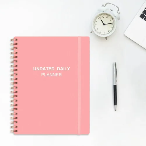 Miniatura 4 de Agenda diaria sin fecha: agenda sin fecha con horarios, artículos de acción y seguimiento, cuaderno organizador diario A4 para aumentar la Rosado