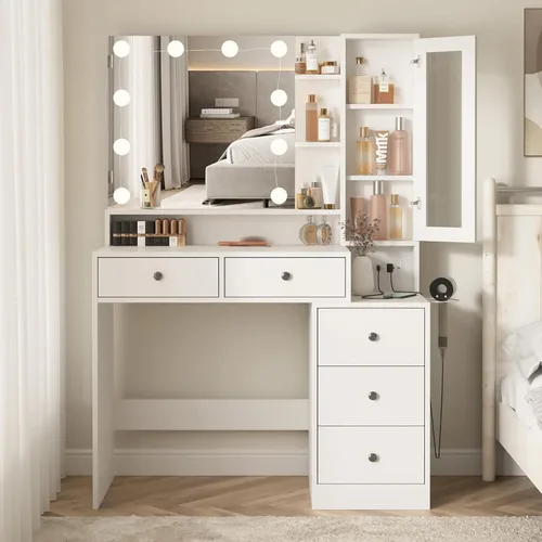 Fameill Escritorio de maquillaje blanco con espejo y luces, mesa de tocador con tira de alimentación y espejo iluminado, mesa de maquillaje grande