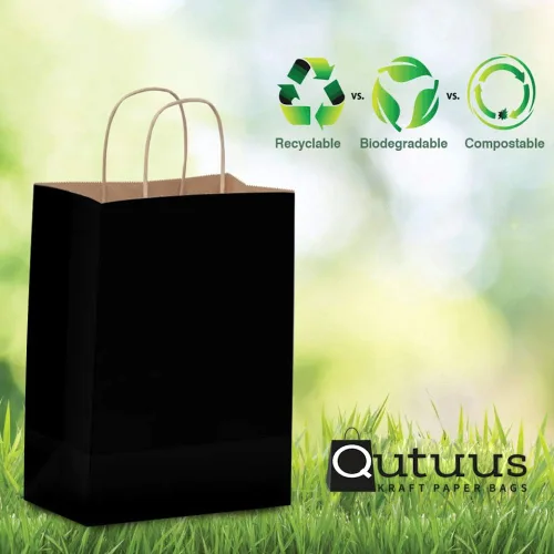 Miniatura 6 de Qutuus Bolsas de regalo de papel negro con asas, 50 unidades de 8 x 4.5 x 10 pulgadas, bolsa de papel kraft negro con asas a granel para compras