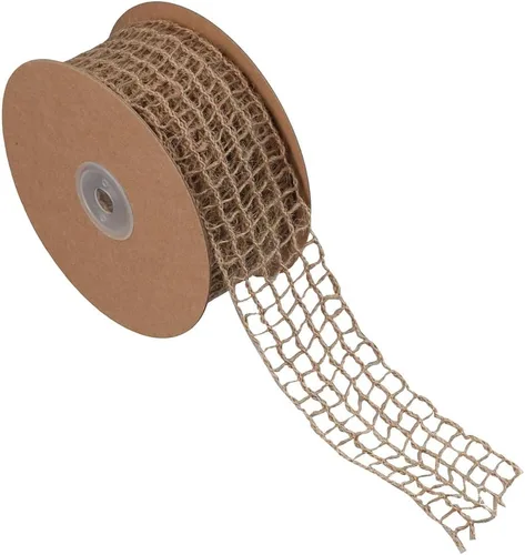 Miniatura 7 de Cinta de red de arpillera con borde con alambre de 2 pulgadas, malla de yute rústico de 10 yardas para manualidades, decoración de corona, envoltura