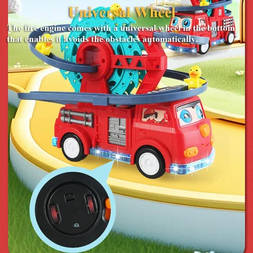 Miniatura 5 de Juguete deslizante de motor de bomberos 2 en 1 para niños – Juego interactivo para niños pequeños con música, luces, pista de carreras y noria