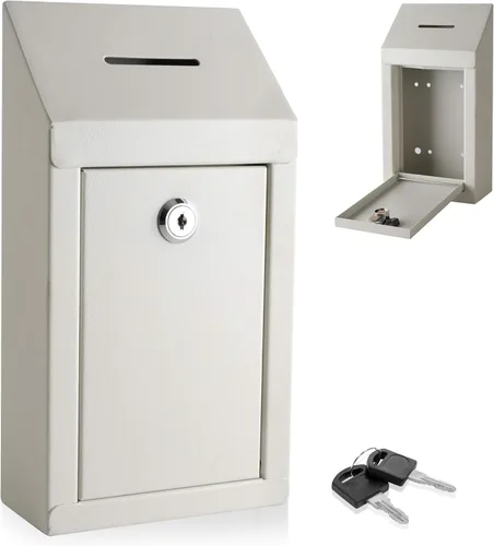Miniatura 6 de Caja de metal para colección benéfica segura con ranura y montaje en pared, caja de caída de 8.5 x 6.5 x 4 pulgadas para el hogar y la oficina Blanco