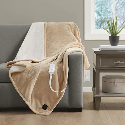 Miniatura 12 de Beautyrest Manta eléctrica reversible de felpa a Sherpa, controlador de botón suave incorporado, apagado automático, configuración de calor