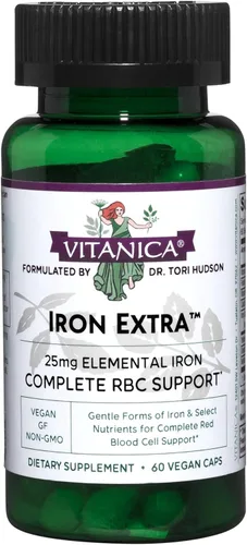 Vitanica Hierro Extra, suplemento de hierro con absorción mejorada con vitamina C 500mg, metilfolato 400mcg, vitamina B12 500mcg, calcio, raicilla