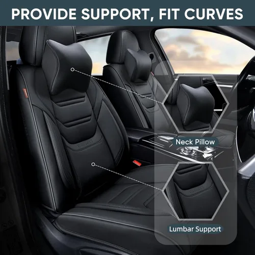 Miniatura 3 de TIEHESYT Fundas negras para asientos delanteros de automóvil, par de fundas de asiento delantero y reposacabezas de cuero transpirable para una