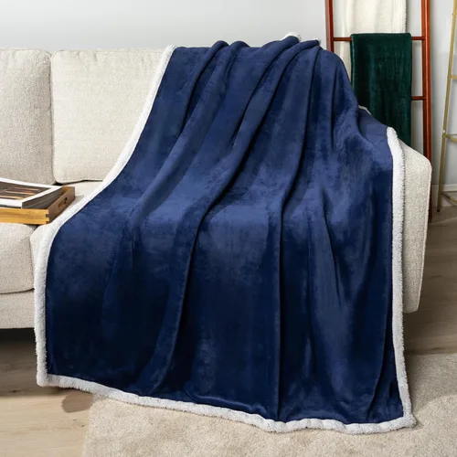 Miniatura 2 de PAVILIA Manta Throw de Vellón Sherpa para Sofá, Tamaño Twin, Azul Marino, Manta de Felpa Suave y Esponjosa para Sofá, Manta de Invierno Reversible