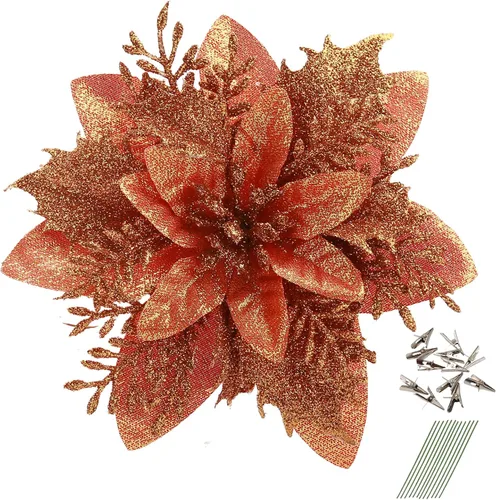 Miniatura 21 de GREENTIME 12 flores de pascua artificiales con purpurina de 5.5 pulgadas, tallos de Navidad, adornos para árbol de Navidad para fiesta de Año Nuevo