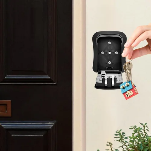 Miniatura 5 de Caja de bloqueo de llave de montaje en pared segura con protección de contraseña de 4 dígitos, caja fuerte para llaves al aire libre (negro)