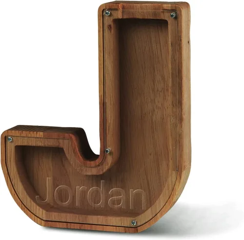 Miniatura 55 de Alcancía con nombre personalizado, 26 letras láser con texto personalizado, banco de monedas de madera, significado educativo, alcancía con nombre