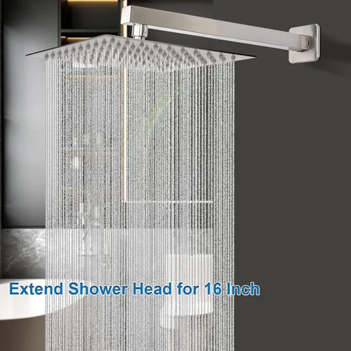 Miniatura 6 de Cabezal de ducha con brazo de extensión, cuadrado de alta presión con brazo de ducha, cobertura de cuerpo completo de cascada de lluvia de acero