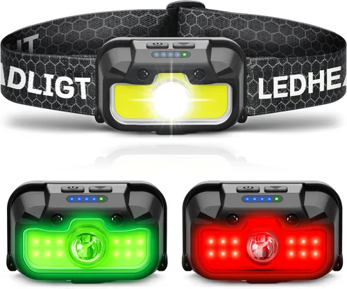 HOKOILN Linterna frontal LED recargable con luz verde y roja, 1300 lúmenes, linterna ultra brillante para camping, correr, senderismo, pesca,