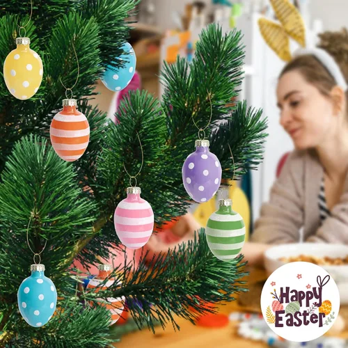 Miniatura 4 de 12 huevos colgantes de cristal para Pascua, huevos de Pascua de 1.8 pulgadas, adornos para colgar, rayas de puntos, decoración de Pascua, huevos