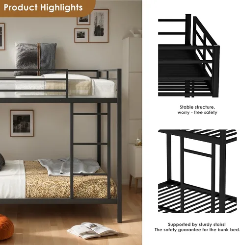 Miniatura 3 de DlandHome Litera de metal matrimonial sobre tamaño matrimonial con escalera, marco de litera de perfil bajo para niños y adultos, litera de acero
