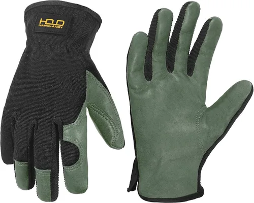 HANDLANDY Guantes de jardinería de cuero para hombre, guantes de trabajo utilitarios para mecánicos, construcción, conductor Verde oliva (1 par)