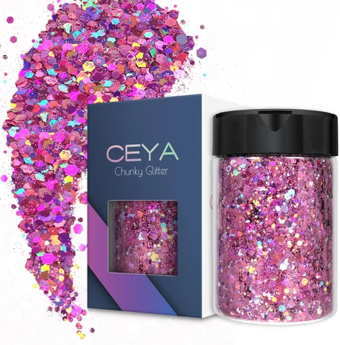 Miniatura 37 de Ceya Brillantina gruesa holográfica, 1 libra/16 onzas, oro diamante a granel, purpurina mixta gruesa y fina embotellada con lentejuelas metálicas