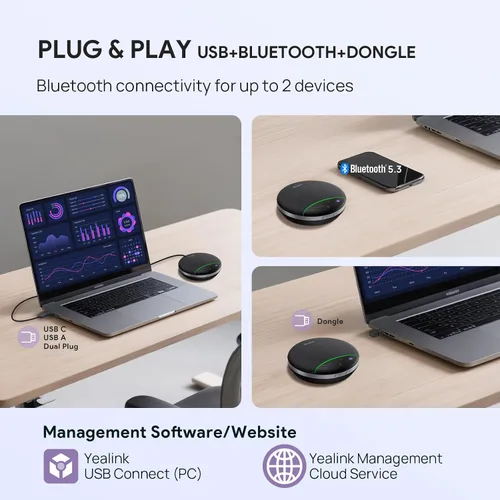 Miniatura 7 de Yealink Altavoz Bluetooth SP92 con altavoz de conferencia Dongle y micrófono Reducción de ruido dúplex completo 20h Llamada de equipos 9.81 oz