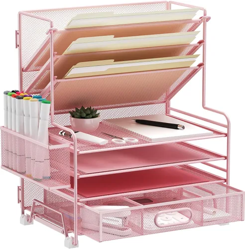 Miniatura 14 de MINDEPOT Organizador de papel de 4 niveles + soporte para archivos de 3 bolsillos + cajón + soportes para bolígrafos, organizador de archivos