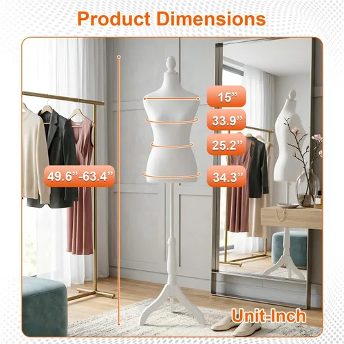 Miniatura 2 de Maniquí de maniquí femenino con soporte de trípode de madera, 50-63 pulgadas para mujer, altura del cuerpo ajustable para costura, ropa, joyería