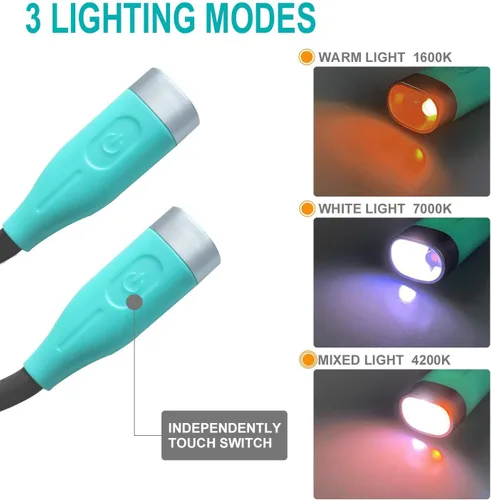 Miniatura 4 de Luz de lectura para el cuello, luz de libro para leer en la cama, luz de lectura LED con 3 colores, 3 niveles de brillo, lámpara de lectura manos