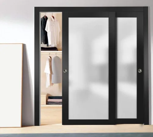 Miniatura 2 de SARTODOORS Puertas corredizas de vidrio esmerilado de 36 x 80 pulgadas con herrajes Planum 2102 negro mate Juego de accesorios de molduras