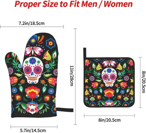 Miniatura 2 de Juego de 4 manoplas de horno y soportes para ollas con diseño floral de calavera mexicana, guantes resistentes al calor para cocina, hornear, asar a