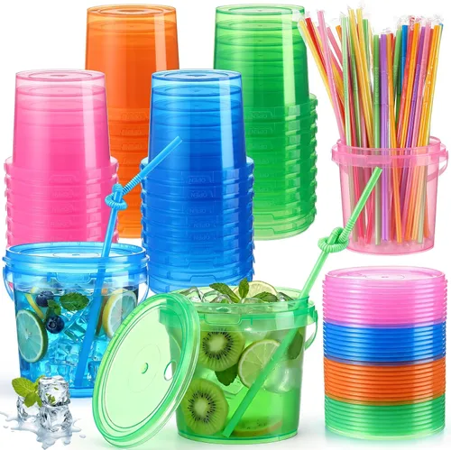 Funnymoom Paquete de 36 cubos de plástico para ron para bebidas con pajita, cubeta de cóctel para helado, con tapas y asas, recipientes de alimentos