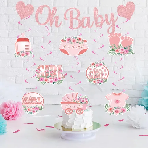 Miniatura 7 de Oh Baby - Cartel de revelación de género rosa con espirales Decoraciones de baby shower para fiesta de niña