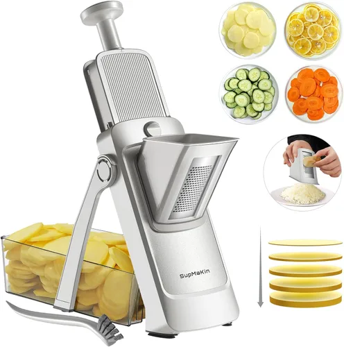 Miniatura 11 de SupMaKin rebanador de mandolina seguro para cocina, cortador de verduras y papas en forma de chips, grosor ajustable manual, artefacto de corte