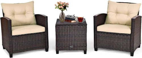 Tangkula - Juego de muebles de patio de 3 piezas, mimbre de ratán de polietileno, para exterior, con cojín lavable y mesa de vidrio templado, Beige