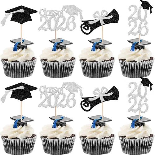 Miniatura 40 de Rsstarxi Paquete de 24 adornos para cupcakes de graduación 2026, con purpurina azul, para la clase de 2026, para diplomas, 24 piezas (6 diseños)