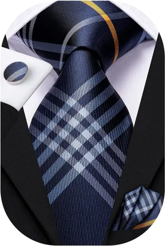 Miniatura 297 de Hi-Tie Corbata clásica de cachemira para hombre con pañuelo y gemelos a cuadros