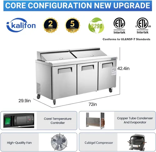 Miniatura 6 de Refrigerador comercial de 3 puertas de 72 pulgadas de ancho, mesa de preparación de ensaladas, refrigerador de acero inoxidable con tabla de cortar