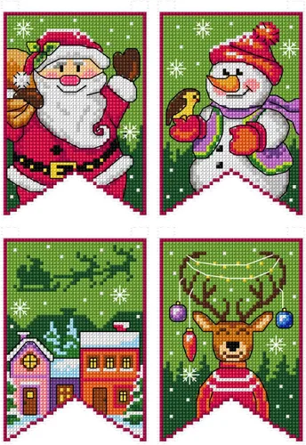 Miniatura 6 de Kit de punto de cruz de conteo sobre lienzo de plástico con dulces de Navidad. 4 adornos de invierno de diferentes dimensiones. 14 hojas de lona