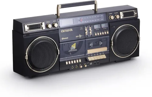 Miniatura 10 de Aiwa Retro Boombox Reproductor de CD con grabación en casete, Bluetooth 5.0, radio FM/AM, entradas USB/SD/AUX, medidores VU, pantalla LCD, altavoces