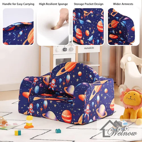 Miniatura 4 de Welnow Sofá infantil 2 en 1, silla convertible para niños, sofá abatible para niños con reposabrazos ondulados, sofá plegable para juegos para niños