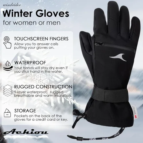 Miniatura 5 de Achiou Guantes de esquí impermeables para snowboard, guantes de invierno para clima frío para hombres y mujeres, guantes de nieve con pantalla táctil