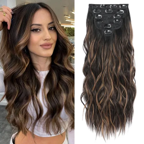 Miniatura 29 de Fliace Extensiones de cabello con clip para mujer, extensiones de cabello ondulado largo de color marrón medio, extensiones de cabello sintético