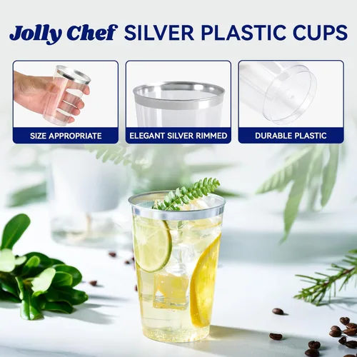 Miniatura 2 de JOLLY CHEF Paquete de 100 vasos desechables de plástico plateado, vasos tipo tumbler de plástico transparente de 12 onzas, elegantes vasos