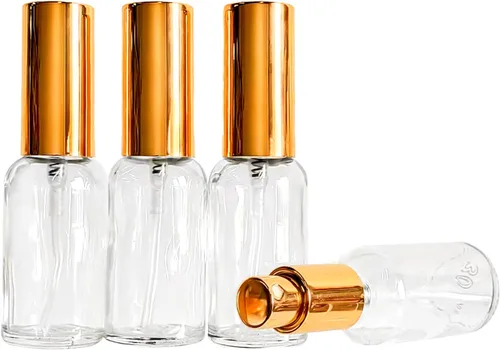 Miniatura 4 de Paquete de 12 botellas de vidrio transparente de 1 onza para aceites esenciales, botella de spray pequeña, aerosol de niebla fina, rociador dorado