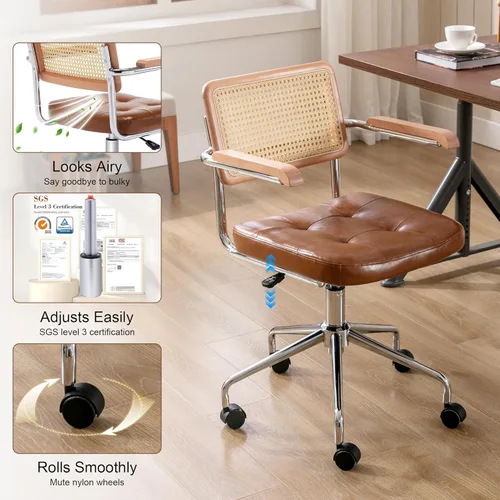 Miniatura 6 de Zesthouse Silla de escritorio de oficina de cuero con ruedas, silla de escritorio con ruedas de mediados de siglo con brazo de madera y respaldo