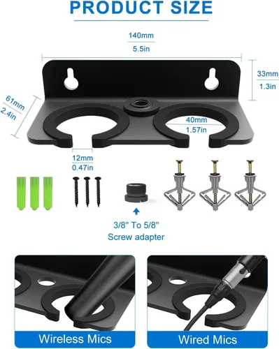 Miniatura 6 de Soporte para micrófono múltiple para colgar micrófonos dinámicos, con cable e inalámbricos, soporte de micrófono doble, acolchado de goma/montado