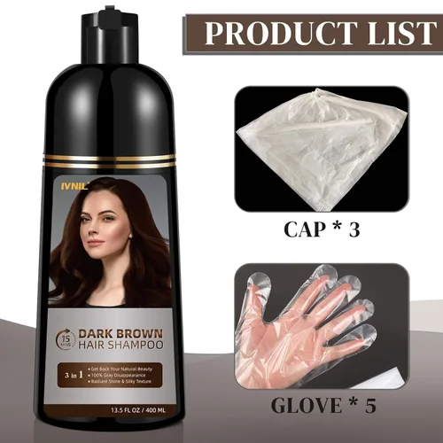 Miniatura 4 de Ivnil - Champú de tinte para cabello castaño oscuro para cobertura de cabello gris, champú permanente 3 en 1 para canas, Champu con tinte