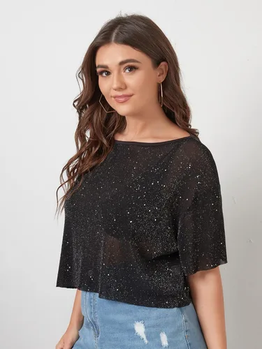 Miniatura 3 de Romwe Camiseta de manga corta transparente con purpurina para mujer talla grande de malla transparente