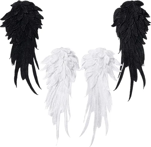 Onwon 2 pares de parches de alas de ángel 3D bordadas, con ribete de encaje para el escote, parches pequeños blancos y negros para coser 2 pares