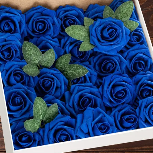 Miniatura 29 de Higfra Flores artificiales, 25 rosas falsas de espuma de aspecto real con tallos para ramos de boda, centros de mesa de despedida de soltera, Brillo